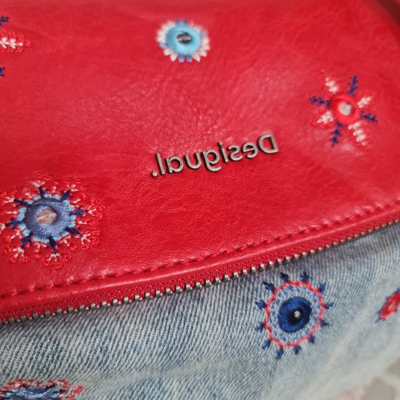 Desigual genuine denim bag with red leather and embroidery - Picture 2 of 7